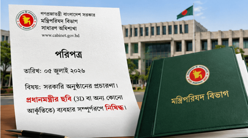 Official Bangladeshi government document with the national emblem and a green ministry book on a desk, with a government building in the background and a flag nearby.