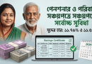 Banner with a smiling Bengali couple beside stacks of cash and a laptop showing a Savings Certificate chart; a 2026 calendar on the right, promoting family savings.