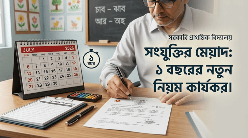 Man in glasses signs a document at a desk in a government primary school setting, with a July 2026 calendar and classroom wall art in the background. Bengali banner text is visible on the right.