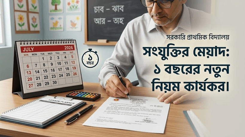 Man in glasses signs a document at a desk in a government primary school setting, with a July 2026 calendar and classroom wall art in the background. Bengali banner text is visible on the right.