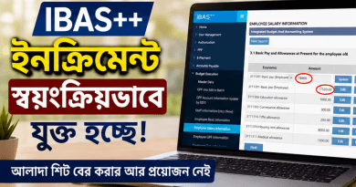 Laptop screen shows iBAS++ salary management software with a Bengali thumbnail text overlay about salary information and a dark blue caption bar at the bottom.
