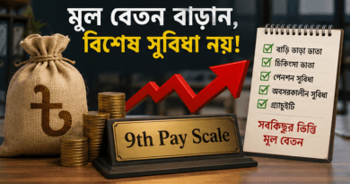 Promotional desk display with a burlap money bag, stacks of coins, a '9th Pay Scale' plaque, and a red rising arrow; a notepad shows Bengali checklist and an overall message about salary increases.