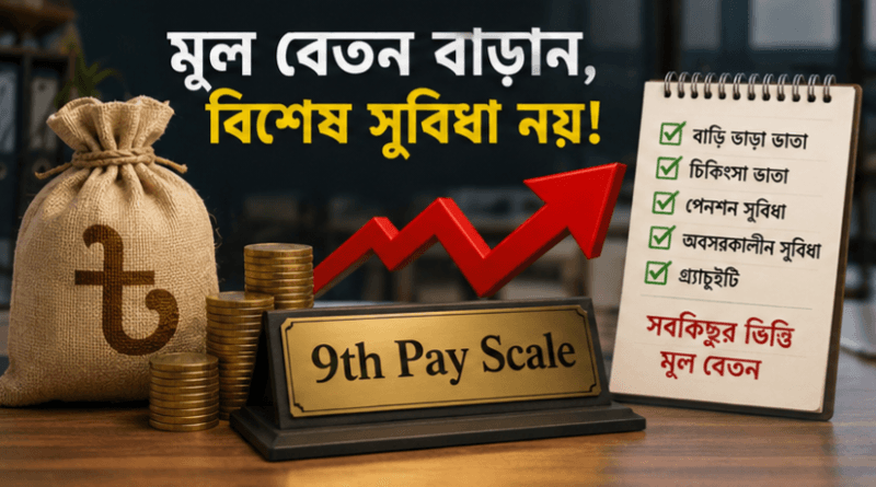 Promotional desk display with a burlap money bag, stacks of coins, a '9th Pay Scale' plaque, and a red rising arrow; a notepad shows Bengali checklist and an overall message about salary increases.