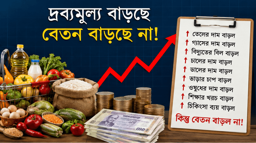 Groceries and money with a red upward trend line, and a clipboard listing items in Bengali showing price increases.