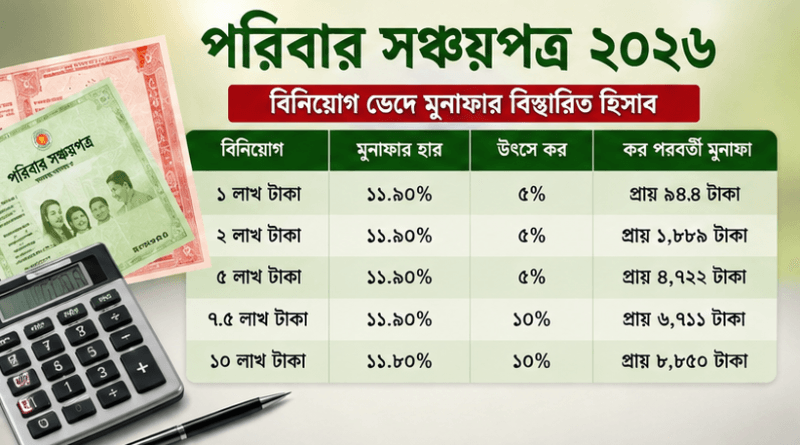 পরিবার সঞ্চয়পত্রে ১ লাখ থেকে ১০ লাখ টাকা বিনিয়োগে কত মুনাফা