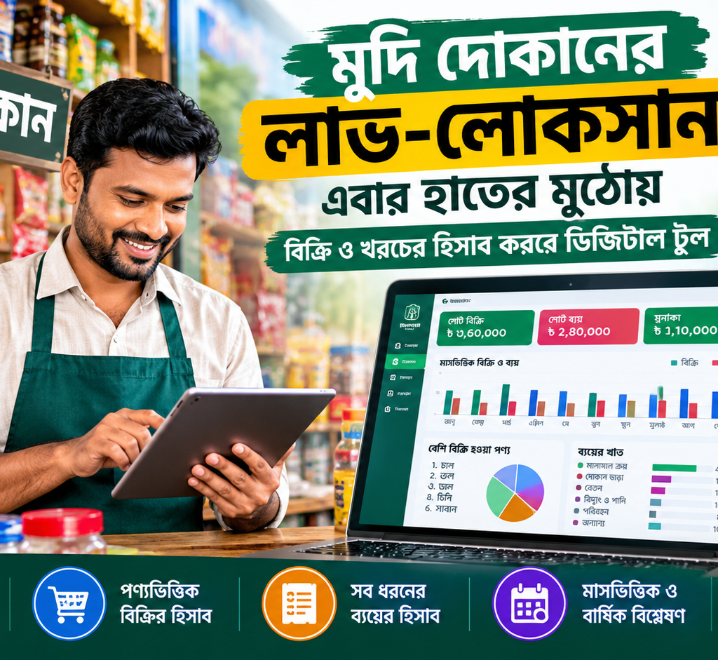 মুদি দোকানের আয়-ব্যয়ের হিসাব রাখুন এক ক্লিকেই