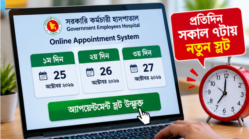 সরকারি কর্মচারী হাসপাতালে একসঙ্গে ৩ দিনের অনলাইন অ্যাপয়েন্টমেন্ট স্লট